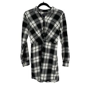 Abercrombie Fitch Plaid Twist Front Button Down Shirt Dress Black White Size S